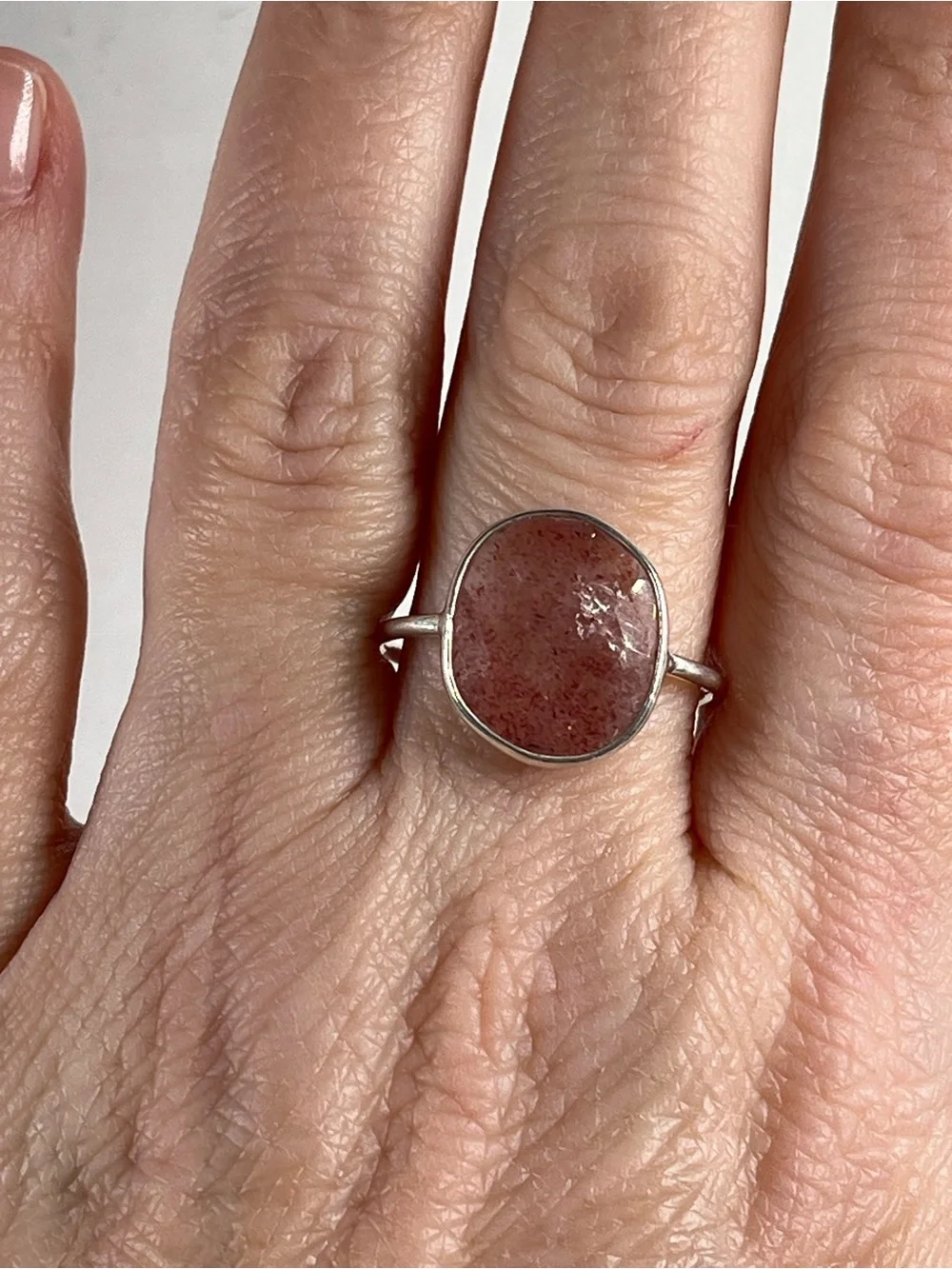 Solid Sterling Silver 925 Strawberry Quartz Gemstone Flat Stacker Ring Size 9